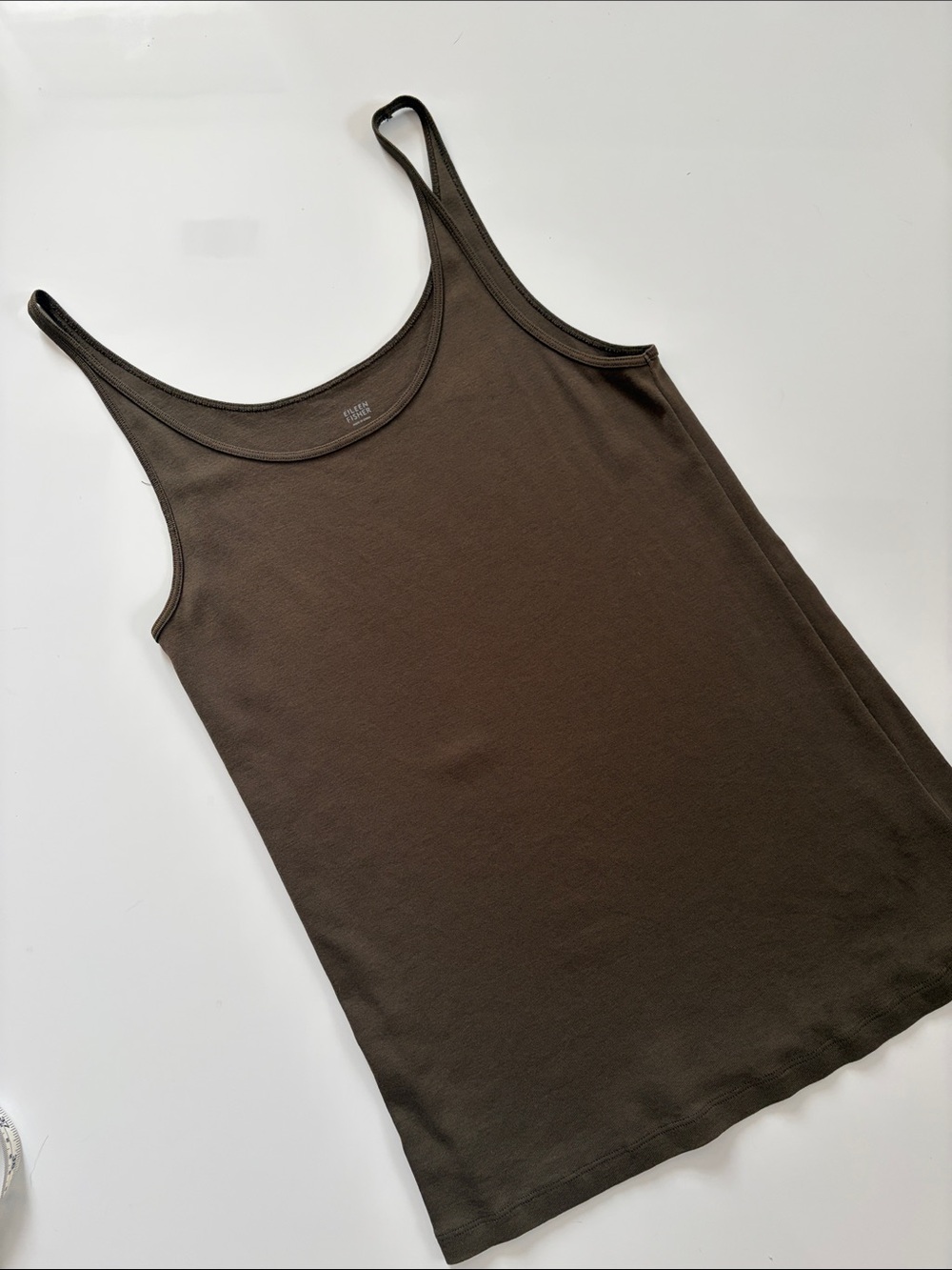 Eileen Fisher Dark Olive Slim Scoop Neck Tank Large 100% Organic Cotton